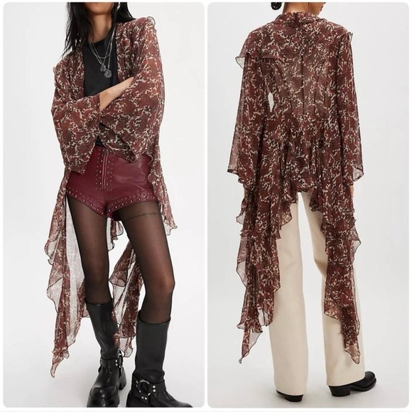 Free People Sweaters - NEW XS/S Free People High Low Printed Ruffle Chiffon Duster Paisley Cardigan